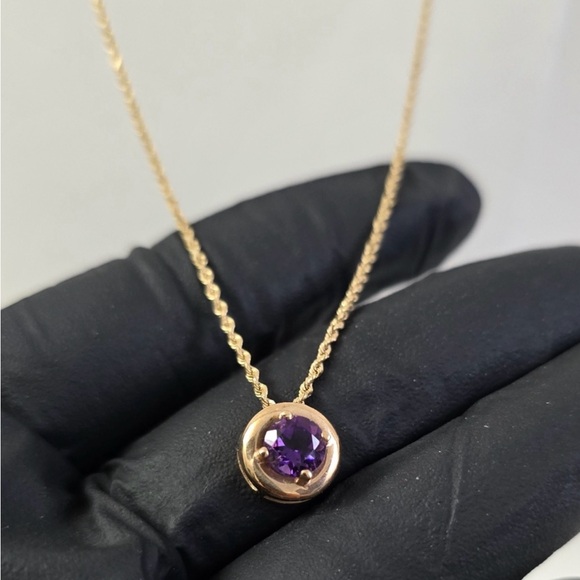 14K Gold Necklace with Purple Amethyst Gemstone - Picture 7 of 9